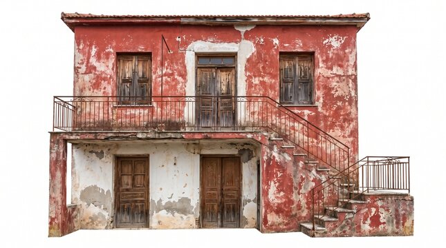 Rustic two-story run-down house exterior featuring peeling red stucco and wooden staircase
