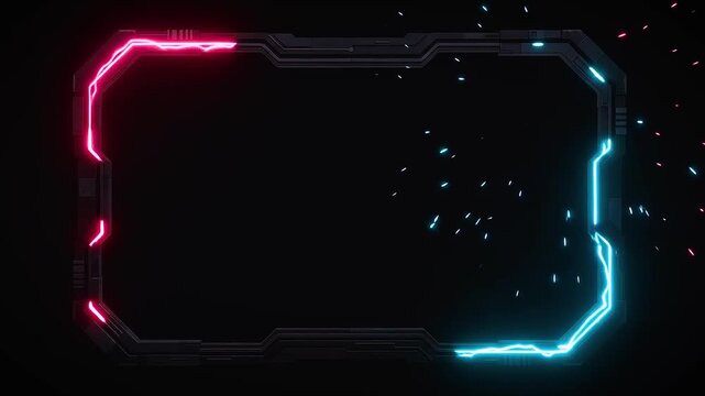 Futuristic Sci-Fi Metallic Frame with Glowing Blue and Pink Neon Lightning, Cyberpunk HUD Interface Tech Border with Energy Sparks and Copy Space