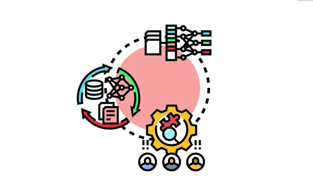Learning methodology concept presenting data processing, neural network analysis, algorithm training, and continuous development for artificial intelligence and machine learning applications