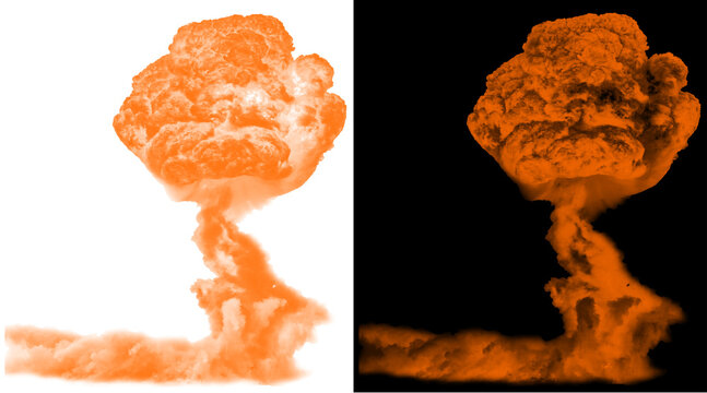 Nuclear mushroom cloud illustration, orange atomic explosion on white and black backgrounds, powerful fire blast smoke effect