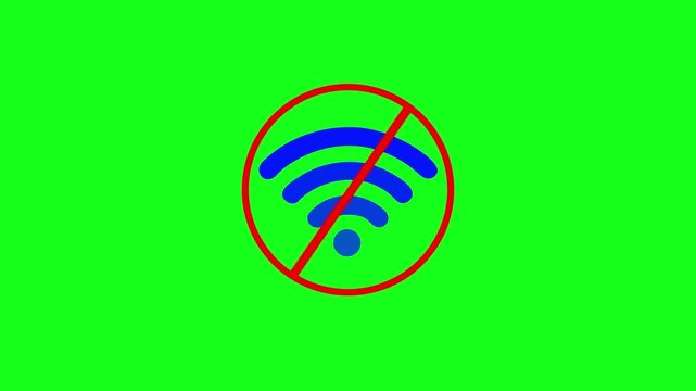Blue Wi-Fi and internet symbol with red prohibition sign on a green background. No Wi-Fi internet connection error concept. 