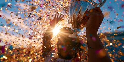 Naklejka premium A hand holding a gleaming trophy aloft amidst a shower of colorful confetti, with sunlight bursting through in a celebratory moment of victory and triumph.