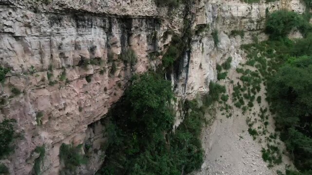 FPV Aerial Flyover of swimmers enjoying the beautiful water and limestone cliff landscape of Swaik Lake in Pakistan.