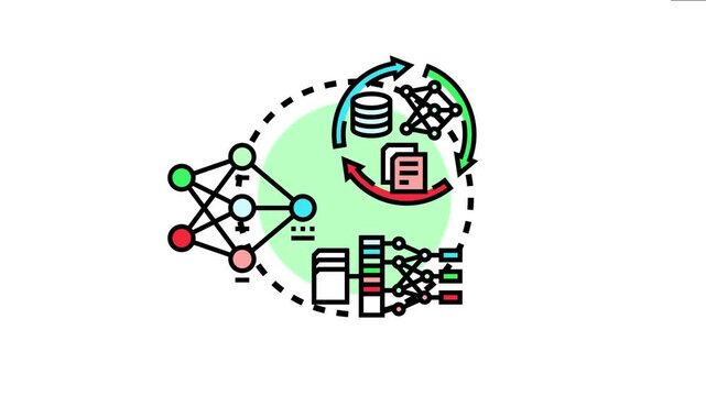 Learning module organization concept representing data processing, artificial intelligence, and deep learning neural network cycles for structured knowledge and information management