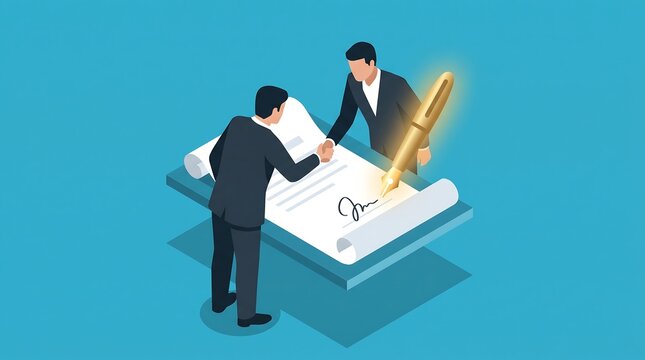 Isometric illustration of two businessmen finalizing a contract with a glowing pen on teal background