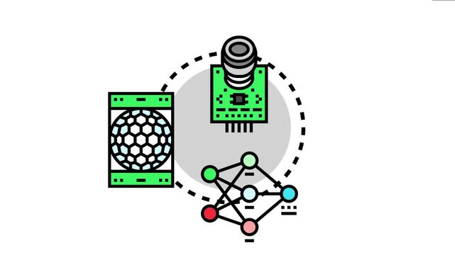 Learning modules depicting interconnected elements for artificial intelligence, machine learning, and neural networks, advanced computing and data processing concepts