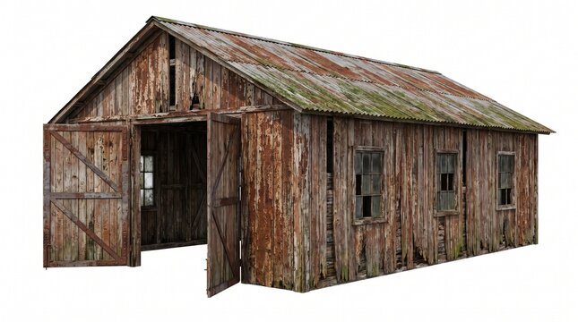 Old weathered rusty wooden train shed with open doors isolated on white background render