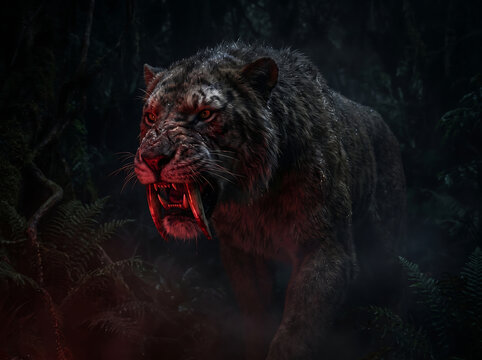 Fierce prehistoric saber-toothed tiger growling in dark environment