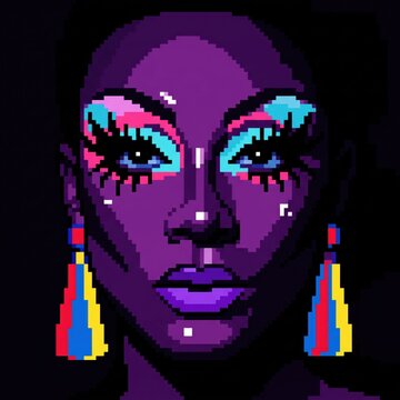 Pixel art drag queen portrait, vibrant neon makeup and earrings, retro 8-bit digital illustration of a glamorous woman