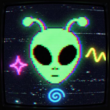 Retro pixel art alien on CRT screen, vintage sci-fi extraterrestrial character, glowing green neon arcade game graphic