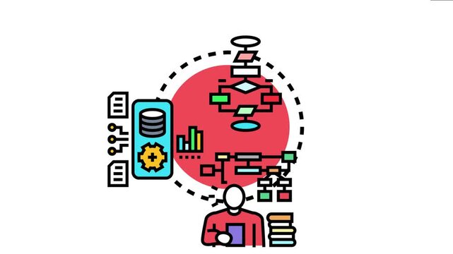 Human figure engaging with digital learning systems, representing a development process with data management, flowcharts, and educational resources for personal growth