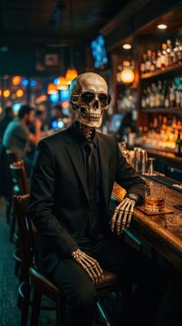 Surreal Image of a Skeleton in a Formal Black Suit and Sunglasses Sitting at a Bar with a Drink