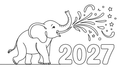 Obraz premium Continuous line drawing of an elephant spraying confetti and stars next to the year 2027 with line art