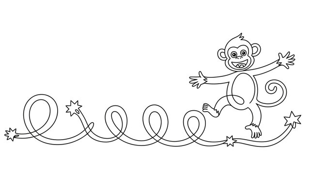 Continuous single line drawing of a happy monkey jumping with star accents animal illustration star shapes sketch art
