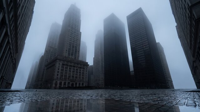 Modern Skyscrapers Disappearing into Thick Morning Fog Over Wet Cobblestone Street in City Center