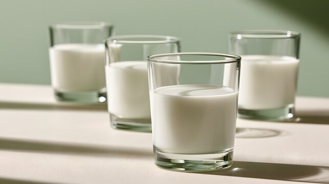 Four glasses of fresh milk arranged on light surface.