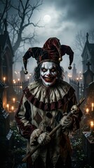 Fototapeta premium Scary Evil Jester Clown in Spooky Graveyard at Night with Full Moon and Candles for Halloween Horror Theme