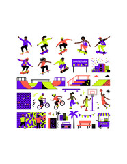 Obraz premium Diverse Urban Skatepark Illustration Set Featuring Skateboarders BMX Riders Basketball Players and Street Culture Elements for Commercial Youth Lifestyle Design
