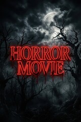 Obraz premium Cinematic Horror Movie Title Design with Bloody Red Text in a Dark Spooky Forest at Night with Full Moon