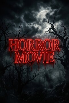 Cinematic Horror Movie Title Design with Bloody Red Text in a Dark Spooky Forest at Night with Full Moon