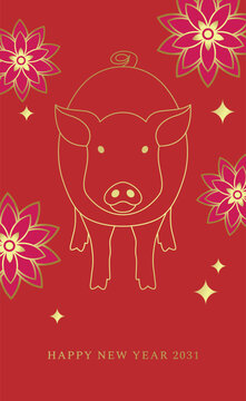 Year of the Pig line art poster with floral pattern background. Lunar New Year 2031 gold and red vertical greeting card template.