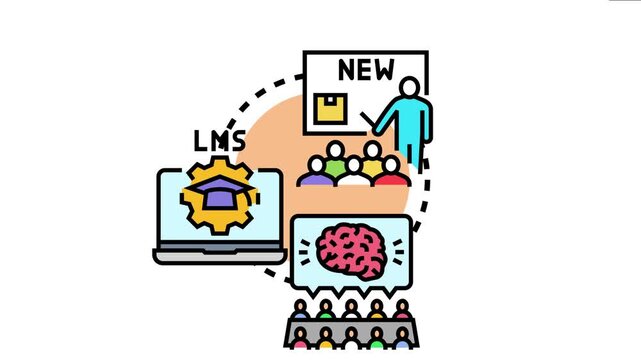 Concept of a new learning technology product launch, showing a presenter introducing educational tools and an lms platform to an audience, fostering knowledge exchange