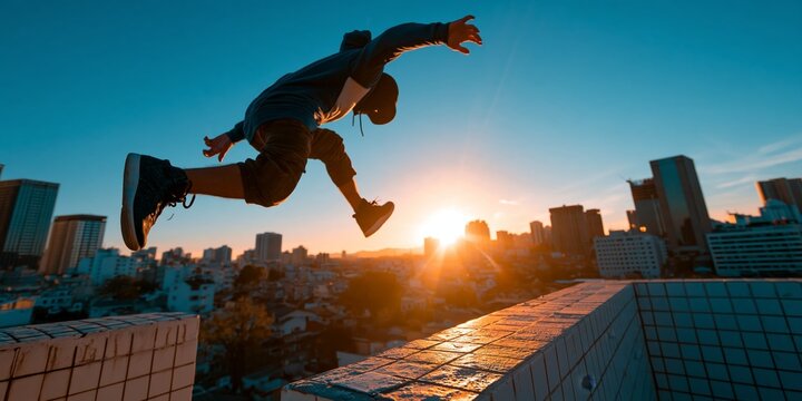 Silhouette of a young man jumping between rooftops at sunset, urban cityscape in background, dynamic action shot with warm golden light and blue sky.