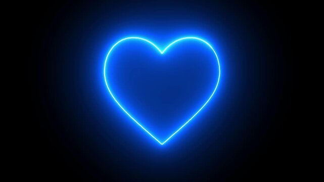 A vibrant and modern glowing neon blue heart shape animation featuring a smooth running light trace along its outline over an isolated dark black background. This seamless loop animation is perfect fo