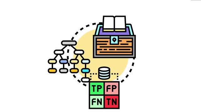 Data analysis and machine learning concepts presented as a treasure box filled with knowledge, featuring a decision tree, data storage, and a confusion matrix for model evaluation