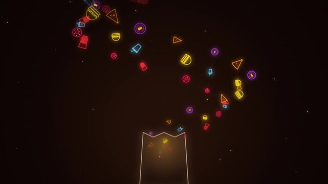 Abstract background with colorful glowing food icons floating from a paper bag