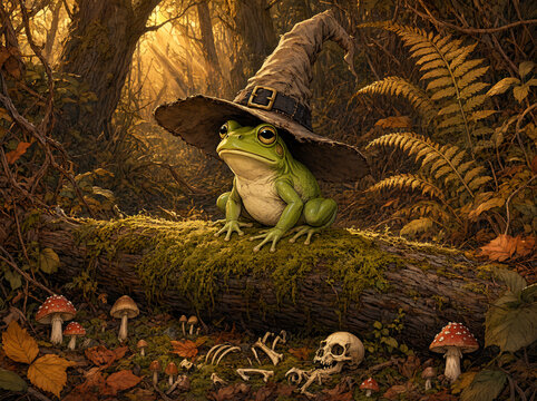 Fantasy AI art of a green frog wearing a wizard hat on a mossy log in an enchanted autumn forest