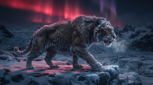 Siberian tiger walking in a snowy landscape under a aurora borealis