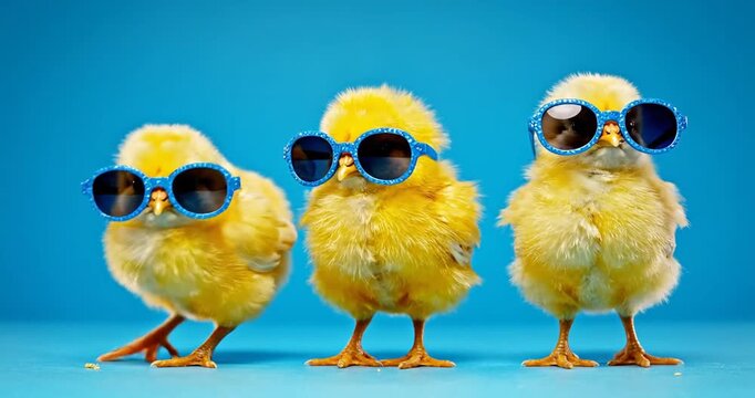 Three yellow chicks wearing blue sunglasses on a studio blue background, Easter concept. 4K Video 60 fps