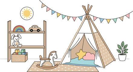 Cute Cozy Kids Playroom Interior With Teepee Tent Rocking Horse Toys Shelf And Decoration For Nursery Illustration © MdRabby