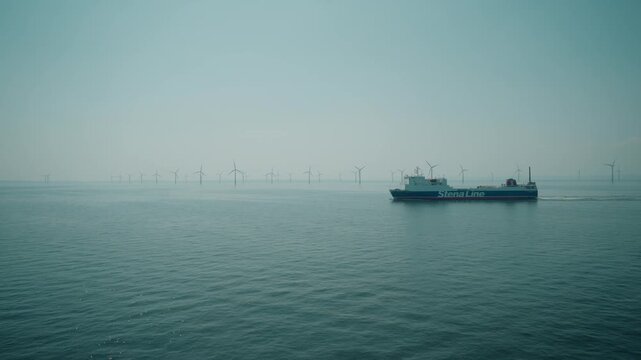 Offshore wind farm with rows of wind turbines rising from the Irish Sea, with a vessel sailing nearby, illustrating Ireland growing renewable energy infrastructure - Ireland - 31 August 2026.