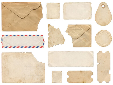 Collection of vintage envelopes, postcards, and paper scraps isolated on transparent background
