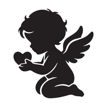 Kneeling cherub silhouette against a white background delicate design