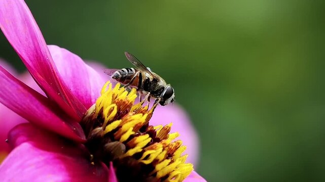 Hover-fly clings to the yellow centre of a pink flower, feeding on pollen against a soft green background in close macro.