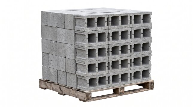A large wooden pallet fully loaded with stacked gray concrete cinder blocks isolated on white