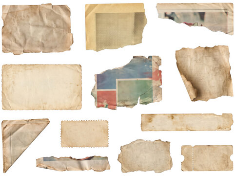 Set of various old paper scraps, torn vintage documents, and aged parchment pieces isolated on transparent background