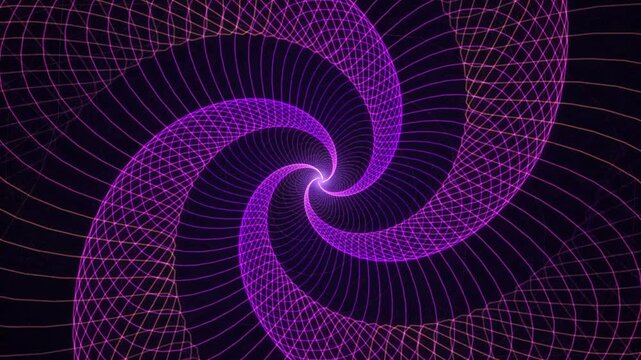 Abstract digital background featuring glowing purple and pink neon intersecting spiral line patterns