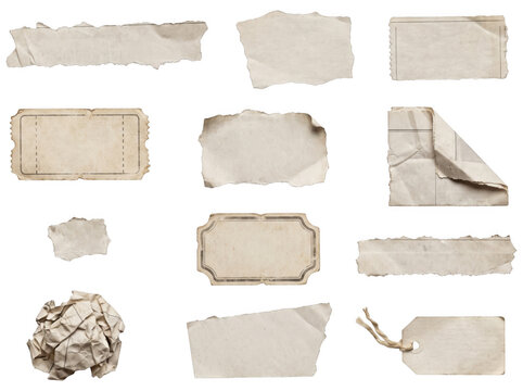Collection of various blank torn paper scraps, vintage tickets, and aged documents isolated on transparent background