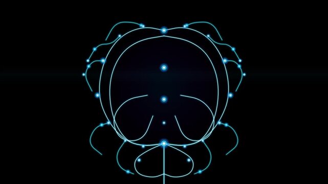 Abstract digital beetle illustration made of glowing neon light lines and nodes