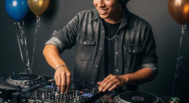 DJ playing music at birthday party with colorful balloons and vibrant atmosphere, DJ setup includes turntables and mixer for mixing tracks.