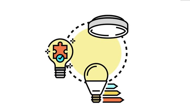 Led light bulbs illuminating with energy efficiency arrows and a bulb displaying a puzzle piece with successful solution
