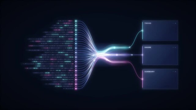 Streams of binary code merging into an analytics panel with trend line, donut share and summary table