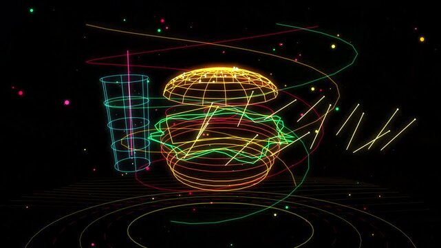 Abstract neon wireframe burger and drink illustration with glowing colorful light lines and digital particle effects