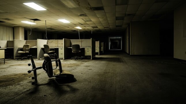 Abandoned Corporate Office Interior with Overturned Chair and Dim Lighting, Eerie Liminal Space with Copy Space