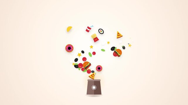 Flat design illustration of junk food items exploding from a container