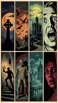 Spooky Halloween Horror Comic Strip Panels Featuring Haunted House, Graveyard, Mummy, and Terrified People